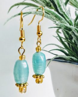 Pale Blue Pearlised Glass Dangle Earrings.