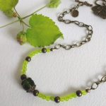 Lime Green + Faceted Emerald or Rose Quartz Unique Antiqued Chain Necklace (Matching Earrings Available)