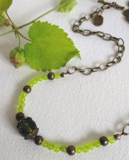 Lime Green + Faceted Emerald or Rose Quartz Unique Antiqued Chain Necklace (Matching Earrings Available)
