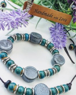 Ceramic Grey Teal Tibetan Silver Self-Tie Adjustable Necklace