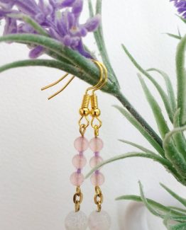 Pastel Pink Stone and Crackle Glaze Glass Gold Plated Dangle Earrings