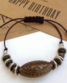 Macrame Adjustable Bracelet - Unique Bronze Imprinted Oval Acrylic Bead & Tibetan Silver