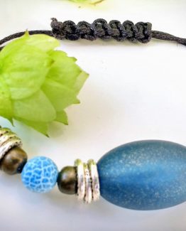 Unique Boho Antiqued Bronze & Blue with Tibetan Silver Adjustable Macrame Bracelet