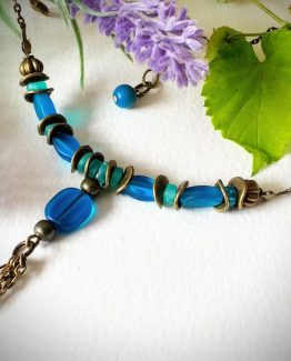 Boho Unique Antiqued Waterfall Matt Green Blue Acrylic Necklace