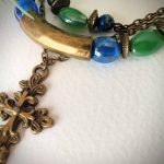 Crucifix Necklace - Blue Green Pearlised Lampwork Glass Beads - Antiqued Chain Necklace - Vintage Indie Boho Adjustable - Great Unique Gift