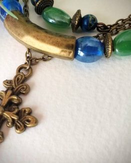 Crucifix Necklace - Blue Green Pearlised Lampwork Glass Beads - Antiqued Chain Necklace - Vintage Indie Boho Adjustable - Great Unique Gift