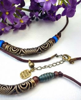 Surfer Tribal Indie Necklace - Unique Filigree Bronze Tube Boho Blue Denim + Royal Blue Necklaces Choker Adjustable
