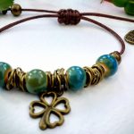 Lucky Clover Bracelet -  Ceramic Teal Bead - Adjustable Macrame Cord Tie  - Unique Handcrafted