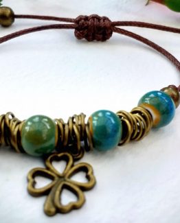 Lucky Clover Bracelet -  Ceramic Teal Bead - Adjustable Macrame Cord Tie  - Unique Handcrafted