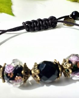 Gothic Rose Black Adjustable Macrame Bracelet - Unique Glass Faceted Rose Vintage Tie Cord