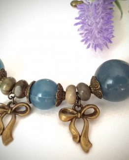 Bow Charm Necklace with Jasper Stone - Teal - Grey Suedette