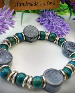 Ceramic Grey Teal Tibetan Sliver Elasticated Adjustable Bracelet