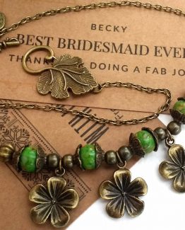 Flower Charm Chain Necklace - Green Antique Bronze & Sea Sediment Jasper (Matching Earrings Available)