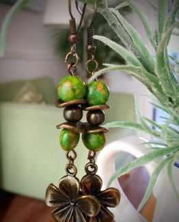 Flower Charm Dangle Earrings - Green Sediment Stone (Matching Necklace Available)