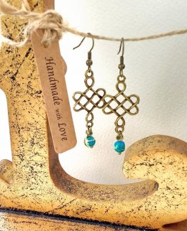 Crucifix Ornate Filigree Antiqued Bronze Blue Jasper Dangle Earrings