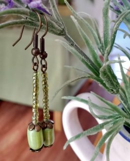 Iridescent Green Glass & Ceramic Dangle Earrings