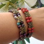 Ceramic Aubergine or Red Bronze Flower Adjustable Macrame Bracelet
