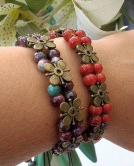 Ceramic Aubergine or Red Bronze Flower Adjustable Macrame Bracelet