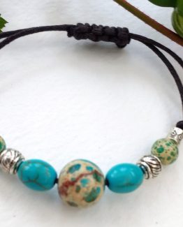 Turquoise Tibetan Silver Adjustable Bracelet - Macrame - Unique Handcrafted Blue Sea Jasper
